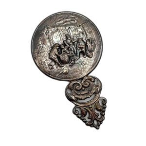 Vintage Hand Mirror Danish Hans Jensen Silver Village Scene 4.5 Inch